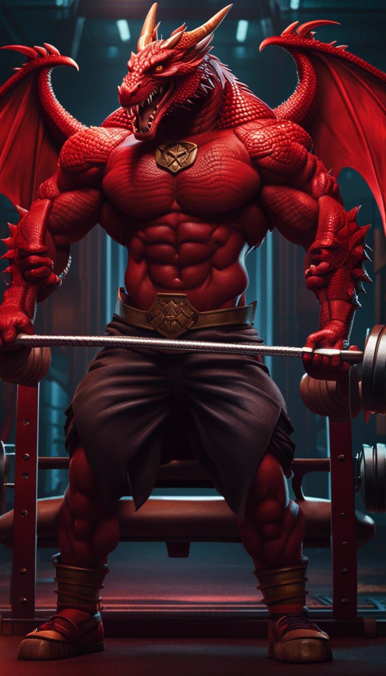 Red Dragon Bodybuilder Weightlifting: Detailed Fantasy Art