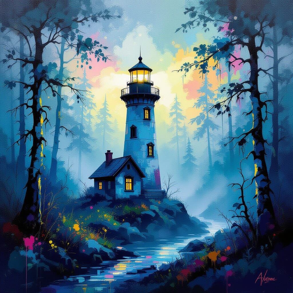 Graffiti Lighthouse in Cosmic Foggy Forest