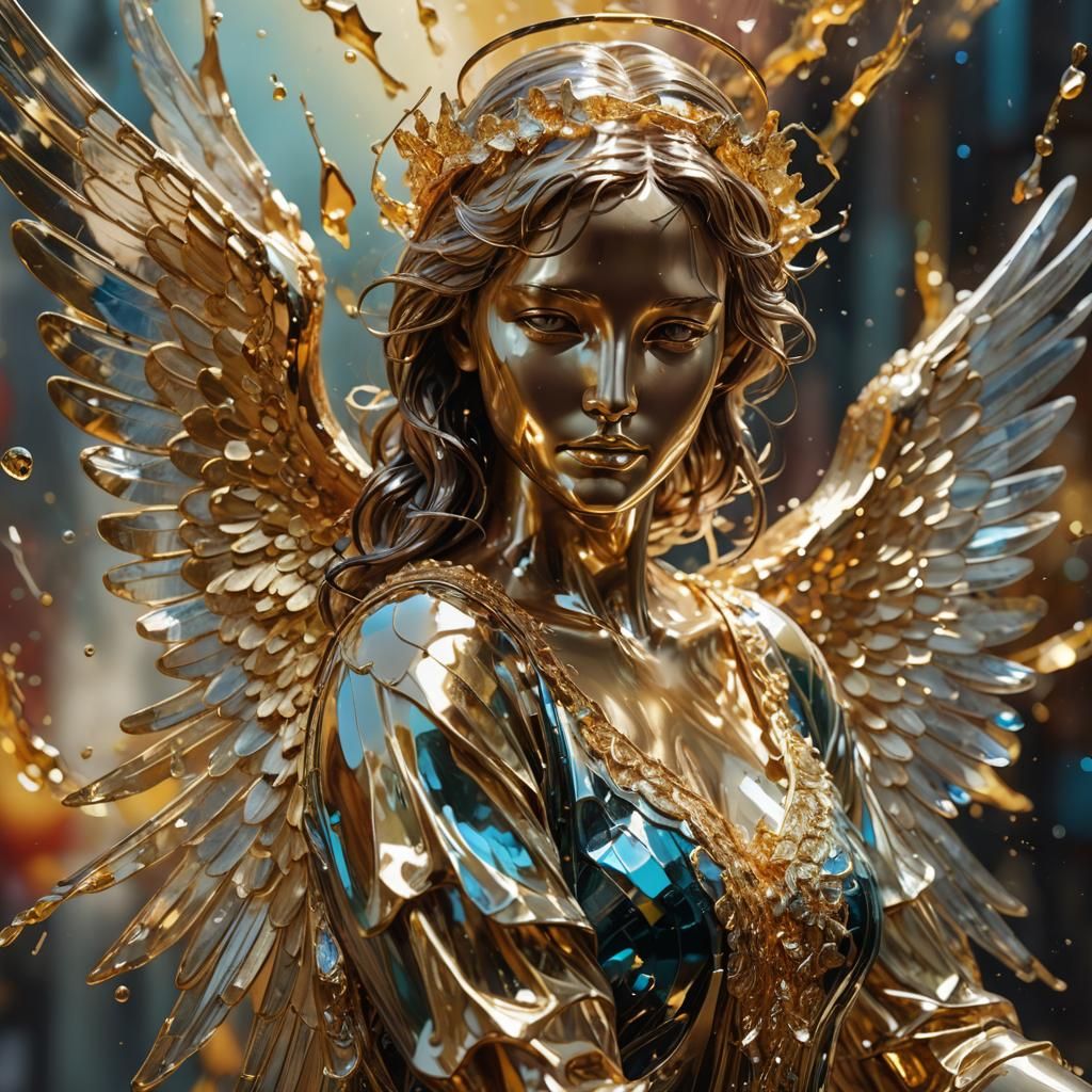 Glass and Gold Angel: Hyperrealistic Splash Art