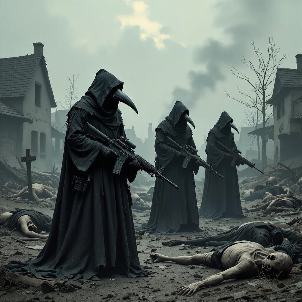 Sinister Plague Doctors in Post-Apocalyptic Landscape