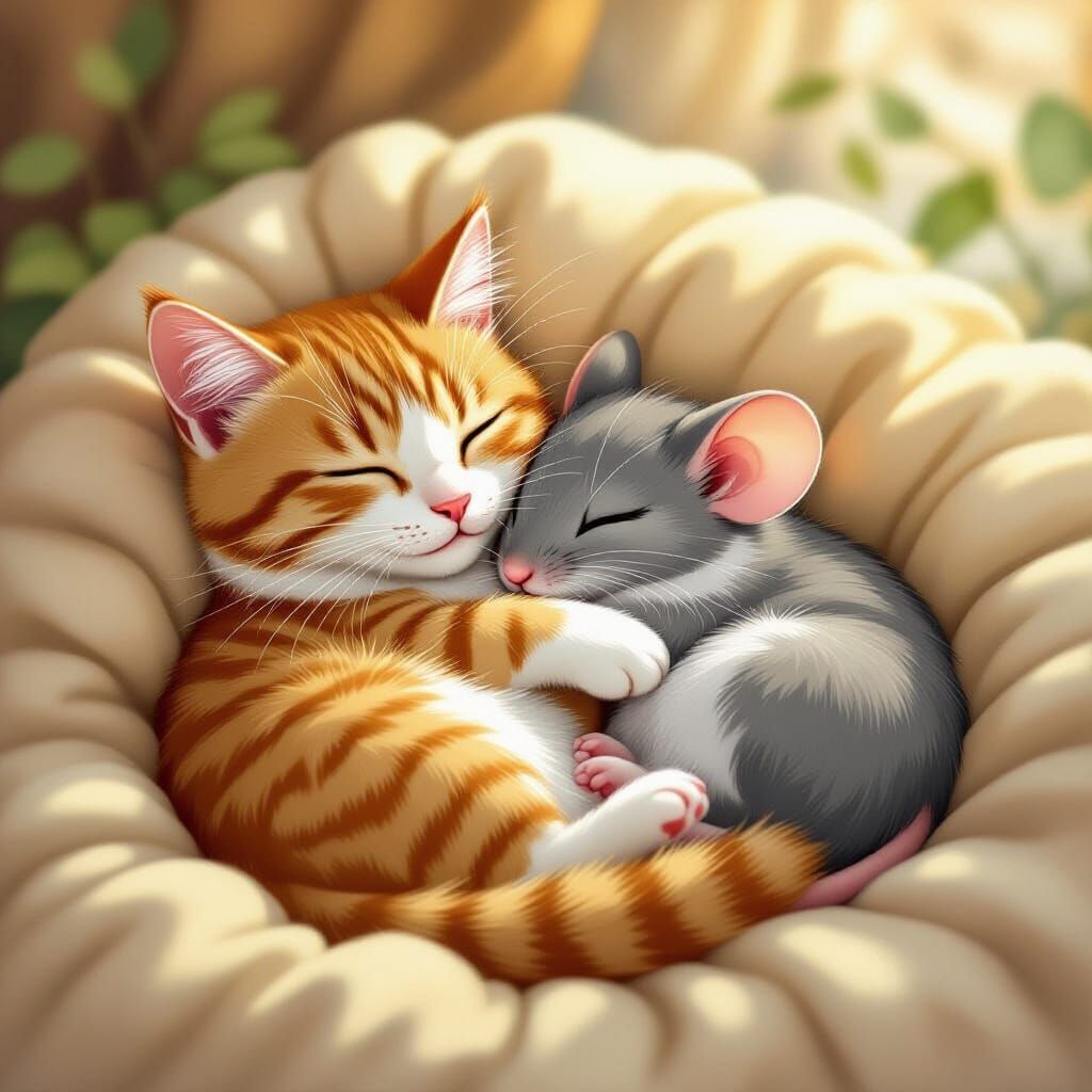 Cat and Mouse Cuddled in Sunlight, Whimsical Folk Art Style
