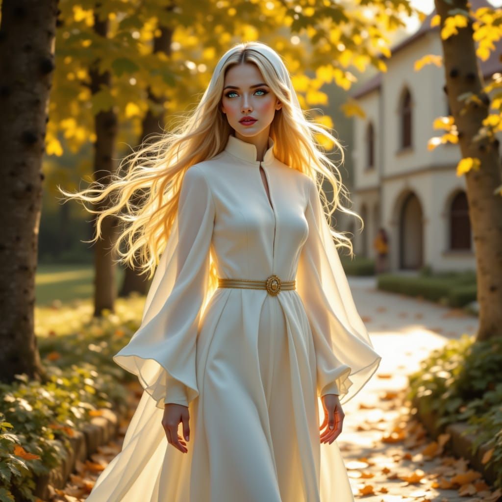 Young Novice Nun in Monastery Park, Volumetric Lighting