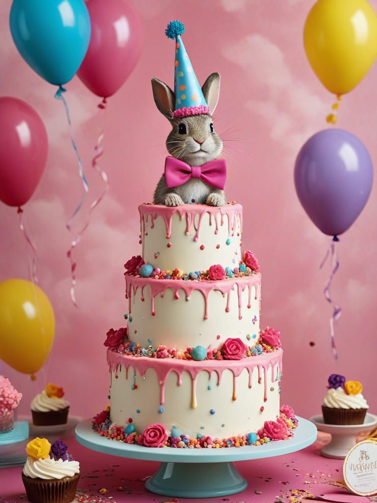 Joyful Rabbit Leaps from Colorful Birthday Cake