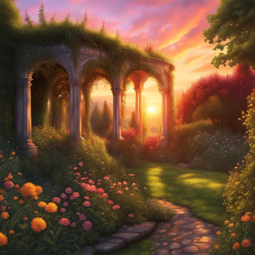Irish Secret Garden Summer Sunset: Hyperrealistic Concept Ar...