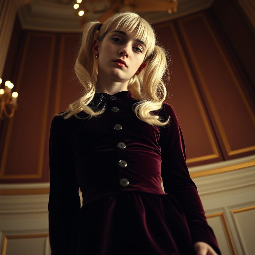 Young Crossdresser in Velvet Peter Pan Dress and Blonde Pigt...