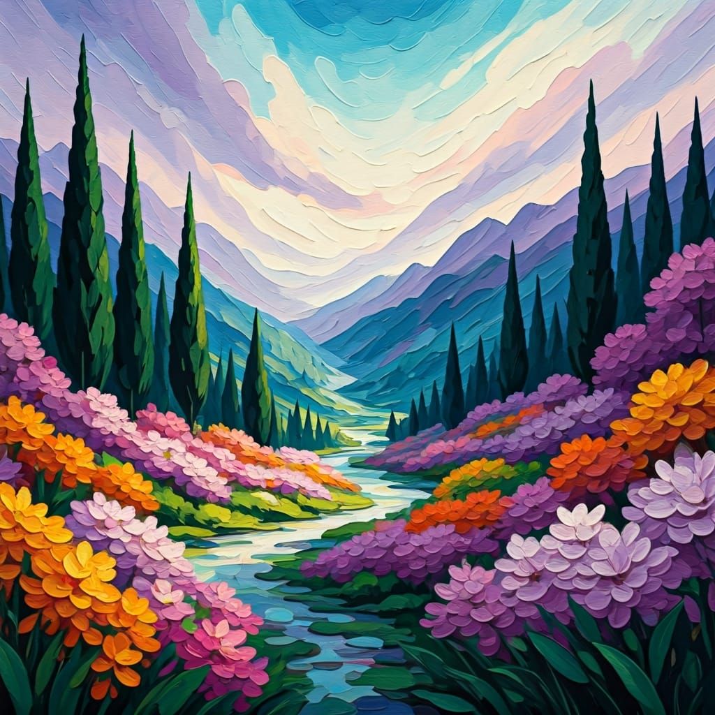 Floral Valley Impasto Painting in Impressionistic Style