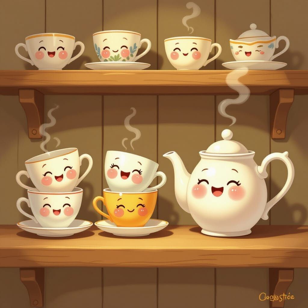Cheerful Teacups and Teapot in Storybook Style