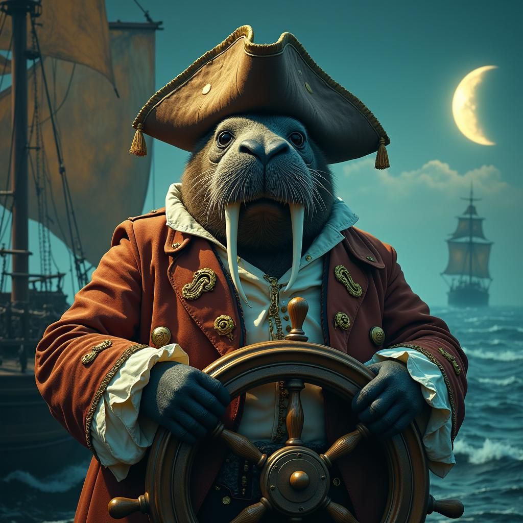 Walrus Pirate Steers Ship in Mystical Waters