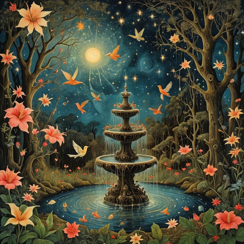 Surreal Cyborg Fountain in Starry Forest, Etching and Lithog...