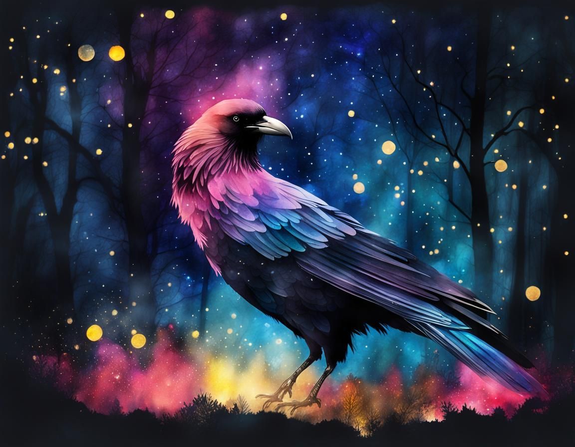 Smokey Raven Silhouette in Mystical Moonlight, Watercolor Ar...