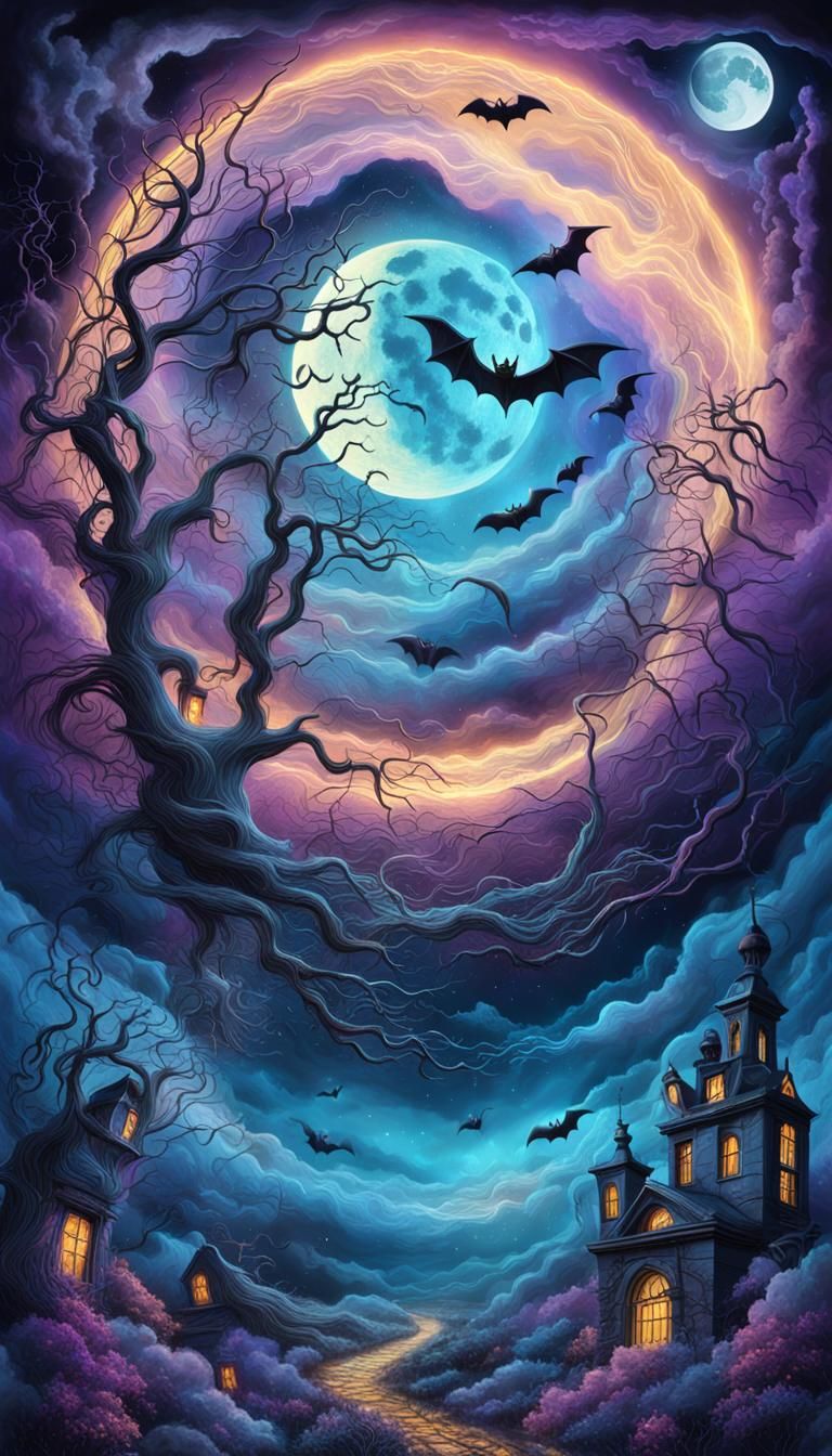 Surreal Astral Halloween Scene in Mixed Media