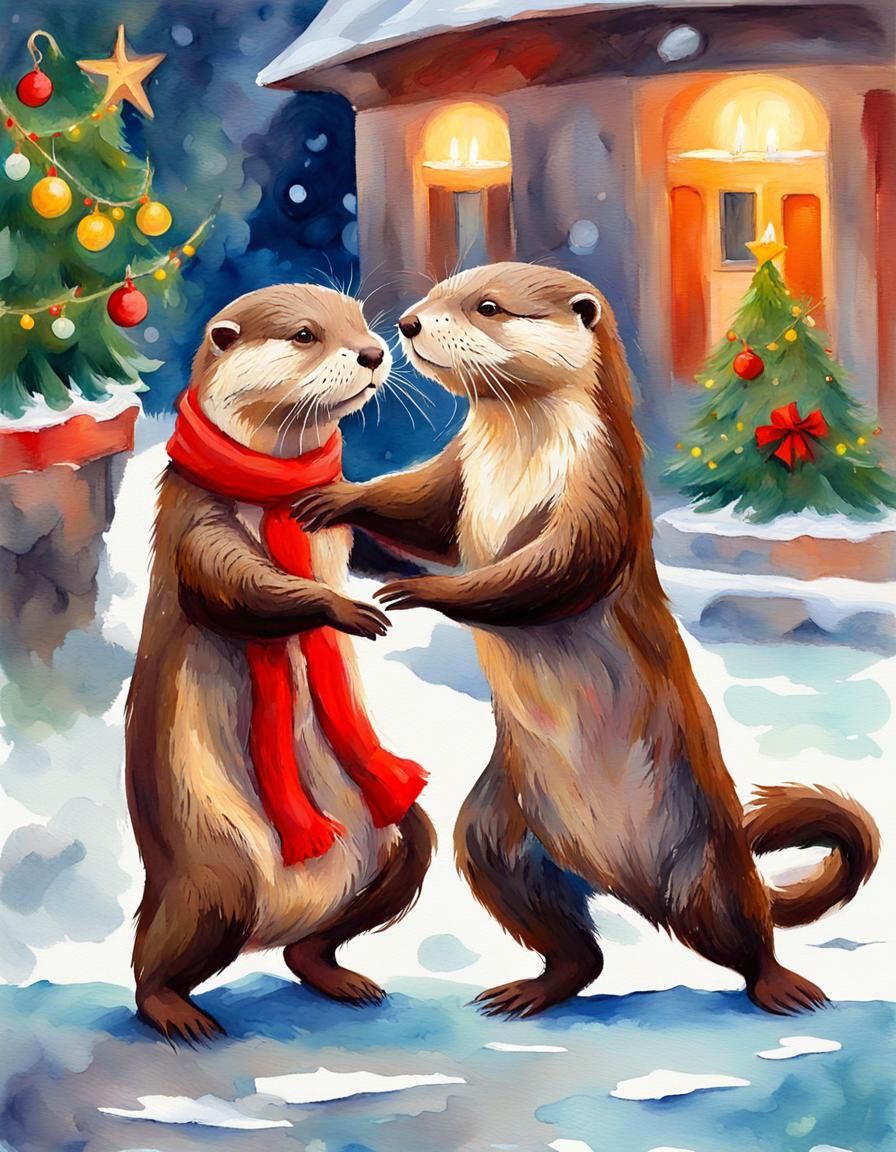 Happy Otter Dancing Tango Christmas in Gouache Style