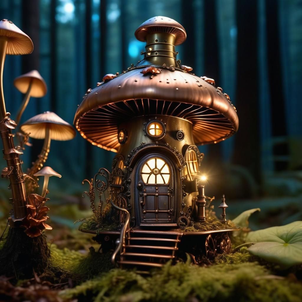 Fairy Mushroom House in Bioluminescent Steampunk Forest