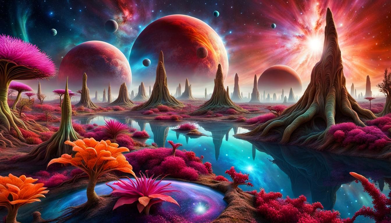 Surreal Alien World with Vibrant Life and Nebulae