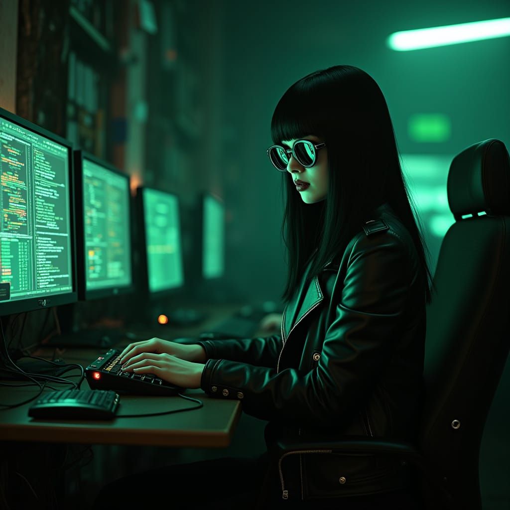 Wednesday Addams in Cyberpunk Hacker's Lair