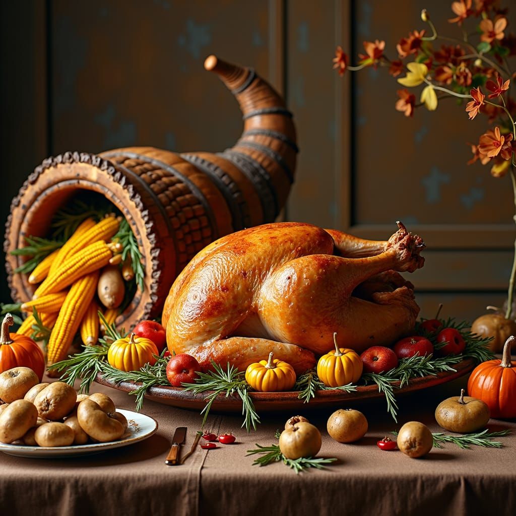 Thanksgiving Table with Turkey in Dutch Still Life Style