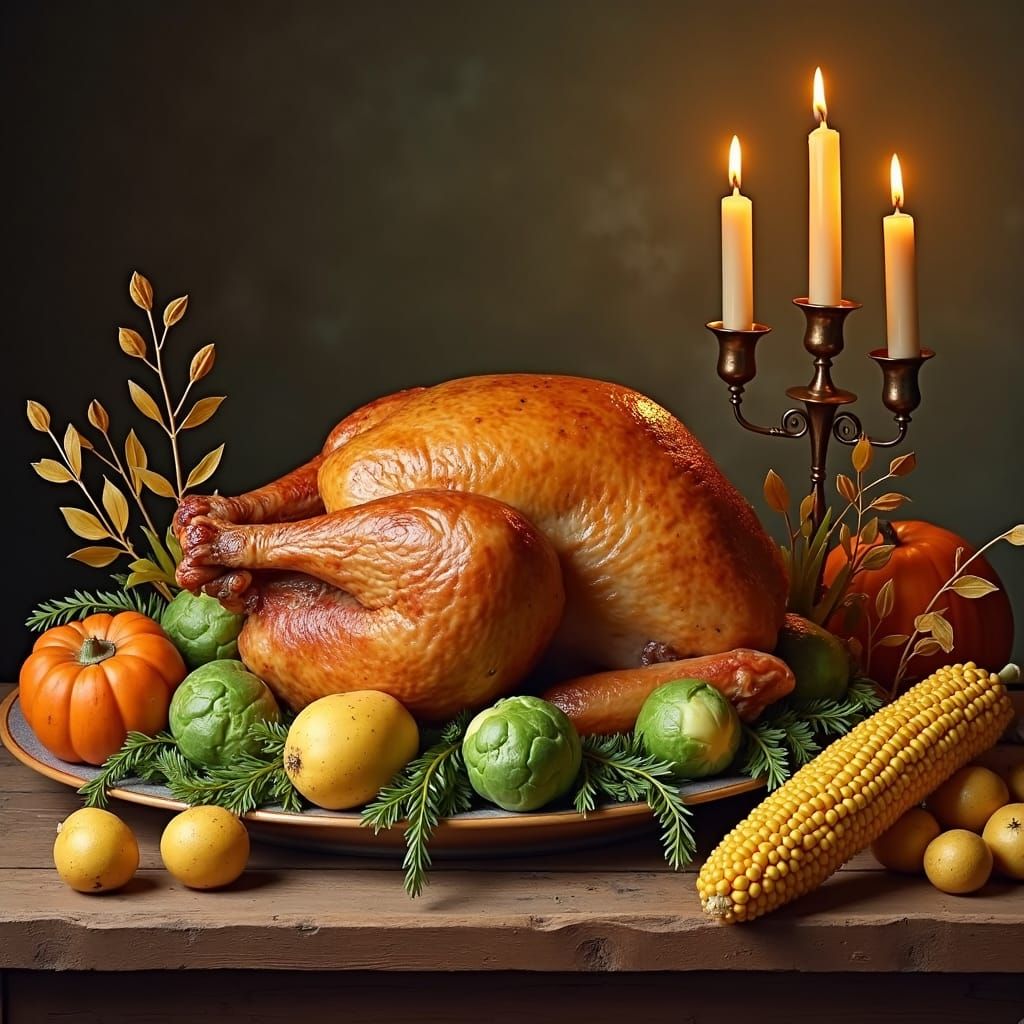 Thanksgiving Cornucopia with Turkey in Folk Art Style