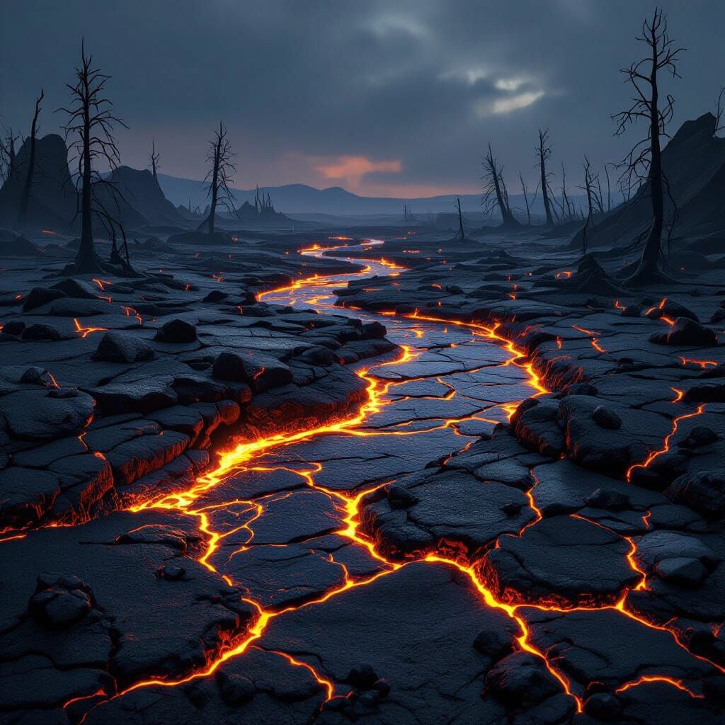 Fiery Lava River on Blackened Landscape