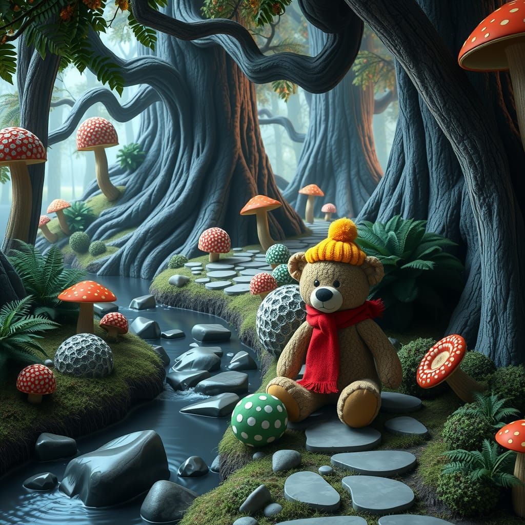 Toy Teddy Bear in Surreal Pop Art Forest