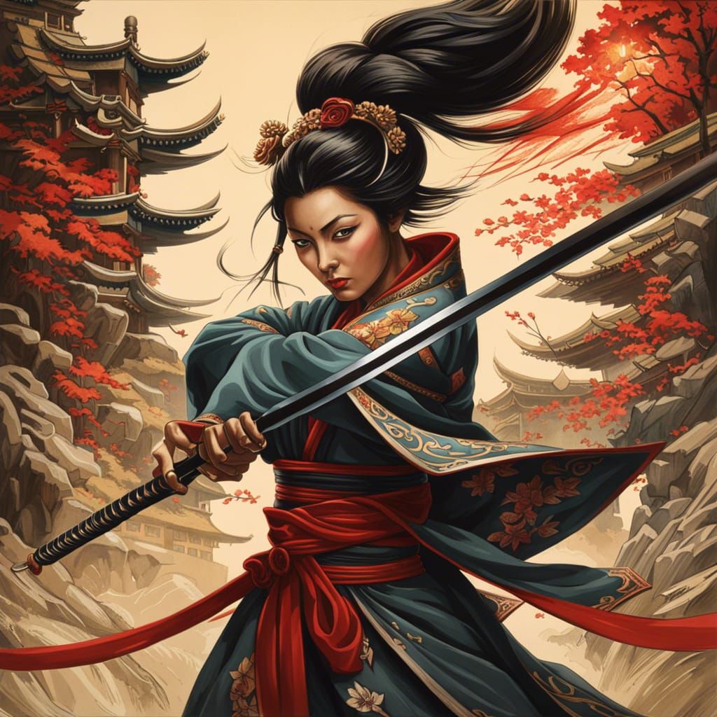 Samurai vs Gremlins in Anamorphic Arabesque Style