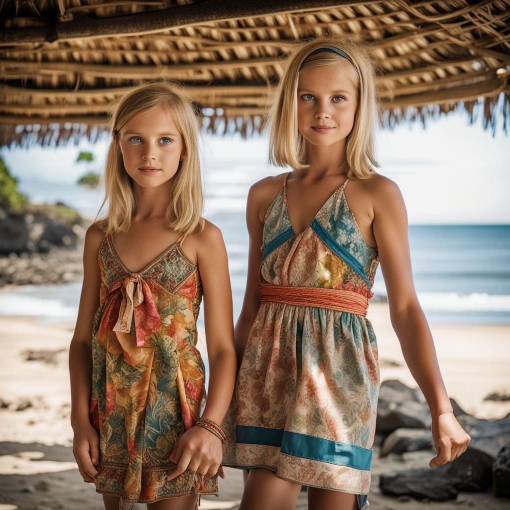 Blonde Girls Try Balinese Clothing at Beach Store