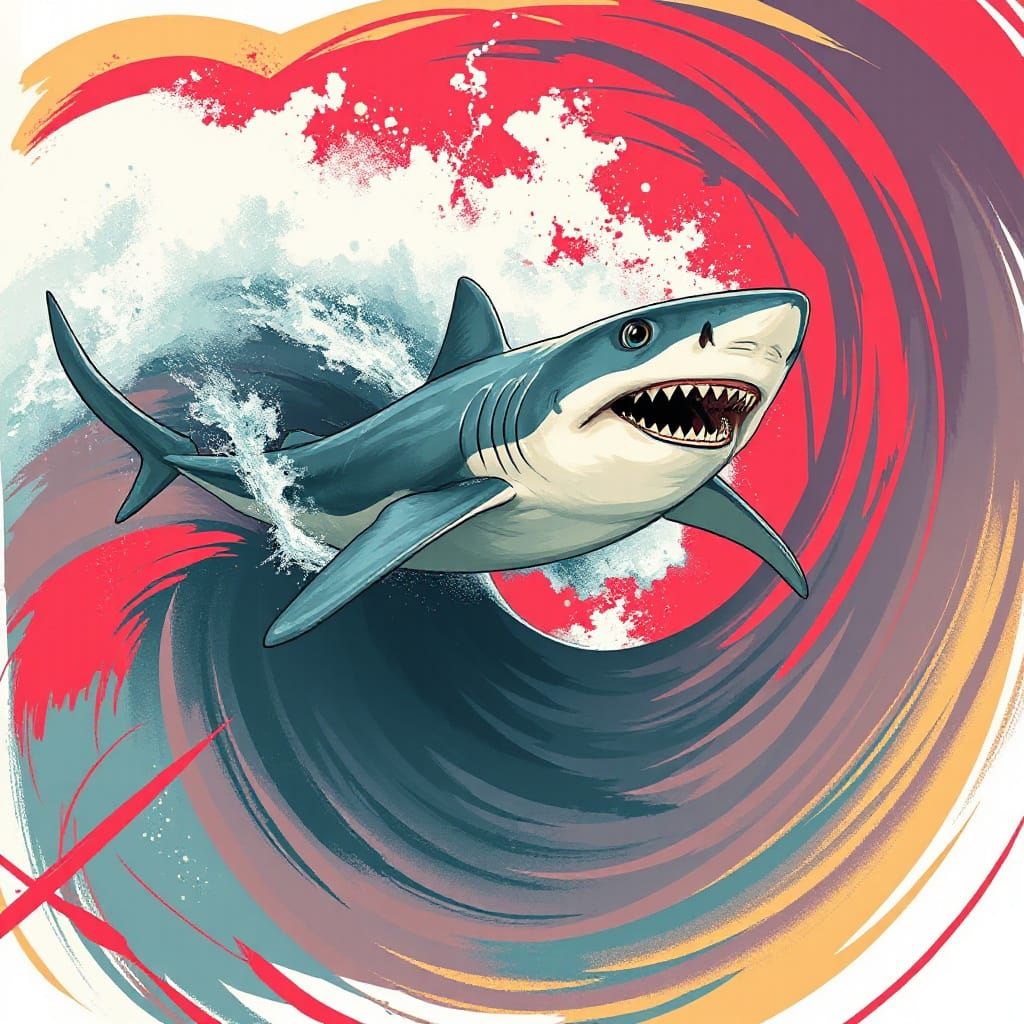 Shark Rides a Swirling Wave in Neon Futuristic Style
