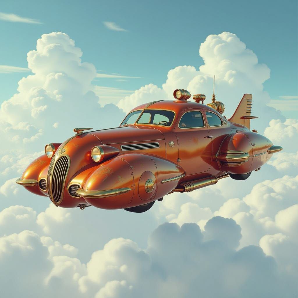Steampunk Spaceship Floats Above Clouds