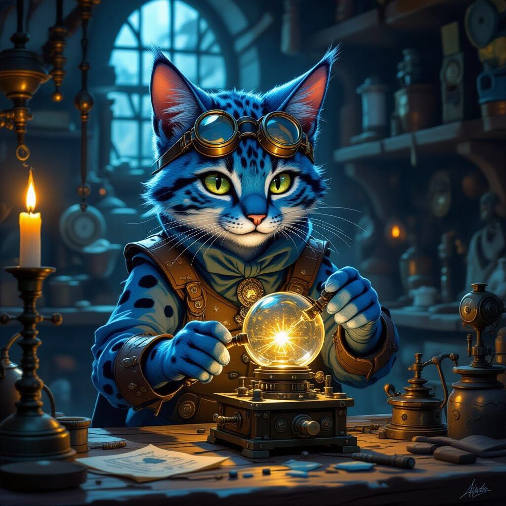 Tabaxi Inventor Tinkering with Complex Machine in Candlelit ...