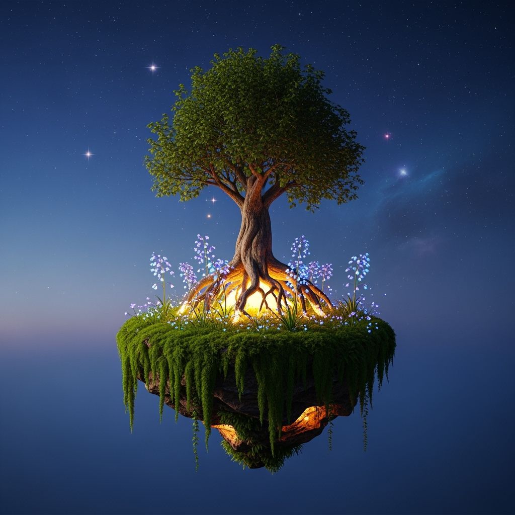 Ancient Tree on Floating Island with Bioluminescent Flora