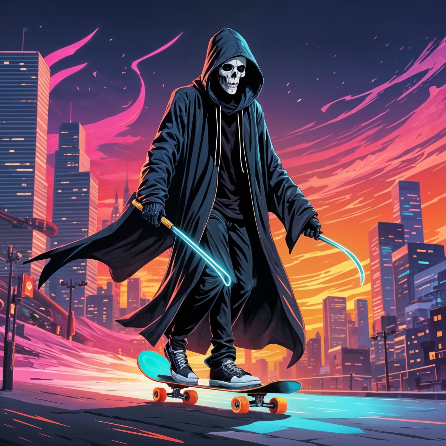 Grim Reaper Skateboarding in Cyberpunk Cityscape