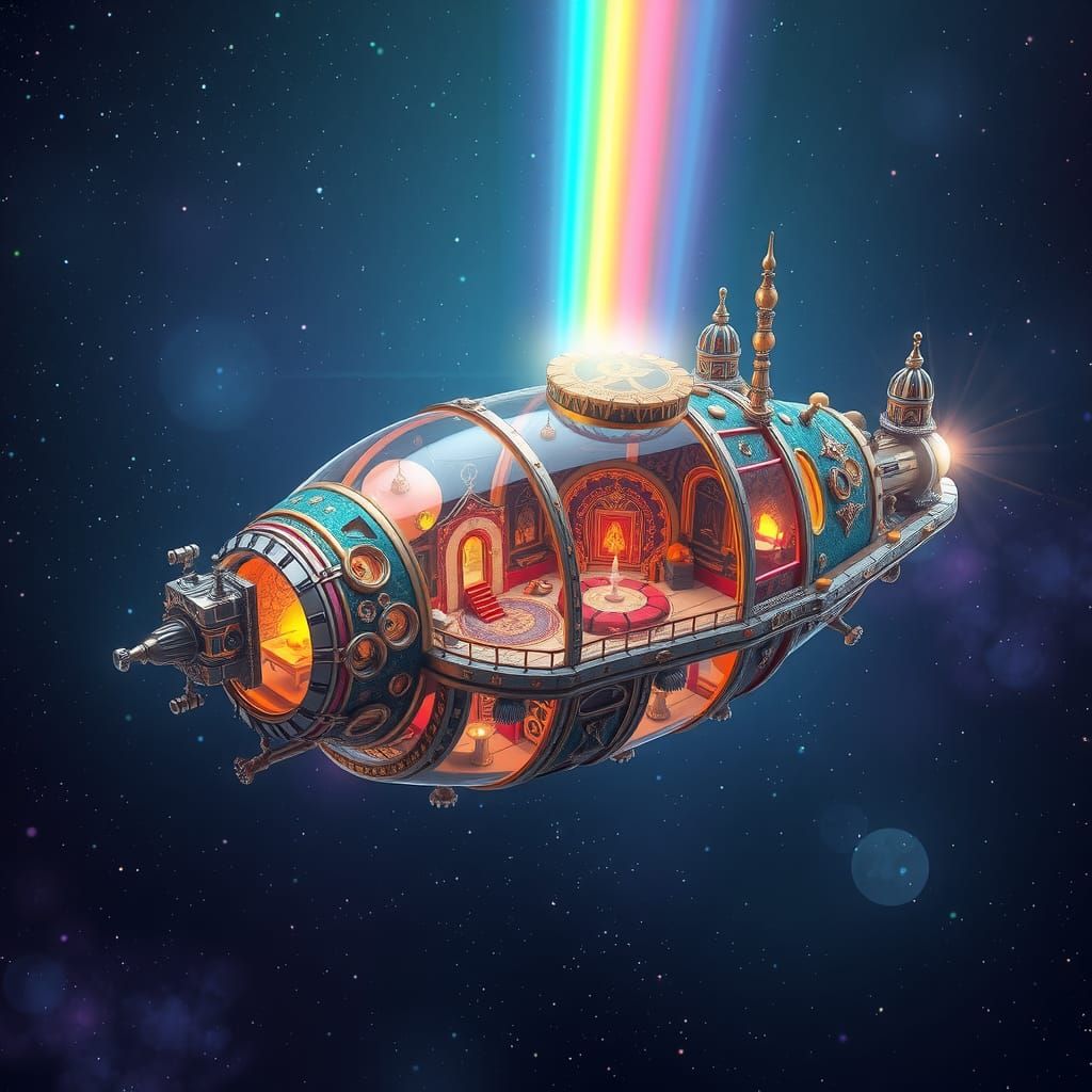 Isometric Intergalactic Spaceship with Rainbow Lights in Spa...