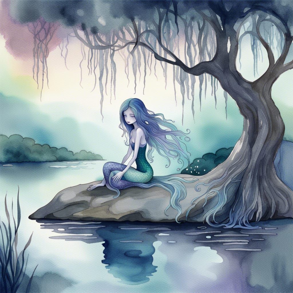 Ethereal Ghost Mermaid in Watercolor Twilight