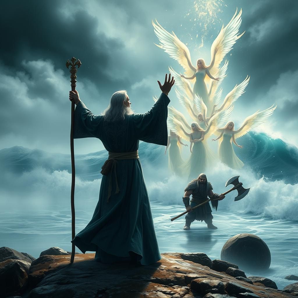 Wizard and Dwarf Conjure Ethereal Beings as Oil Painting