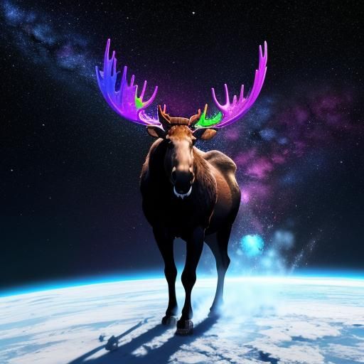 Moose on Earth in Space: Hyperrealistic Splash Art