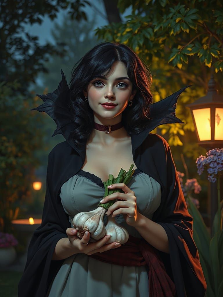 Vampire Smells Garlic in Moonlit Garden
