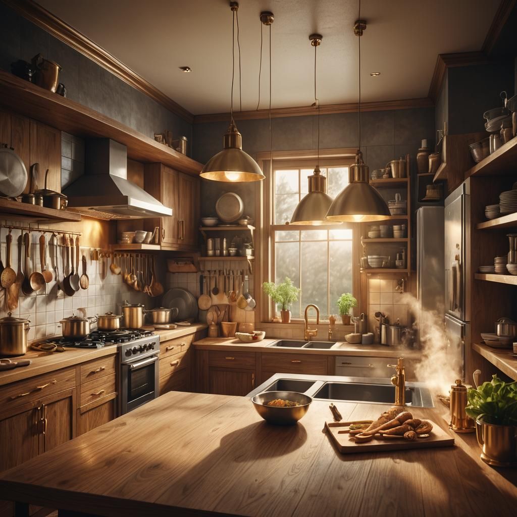 Warm Hyperrealistic Kitchen with Gold Accents