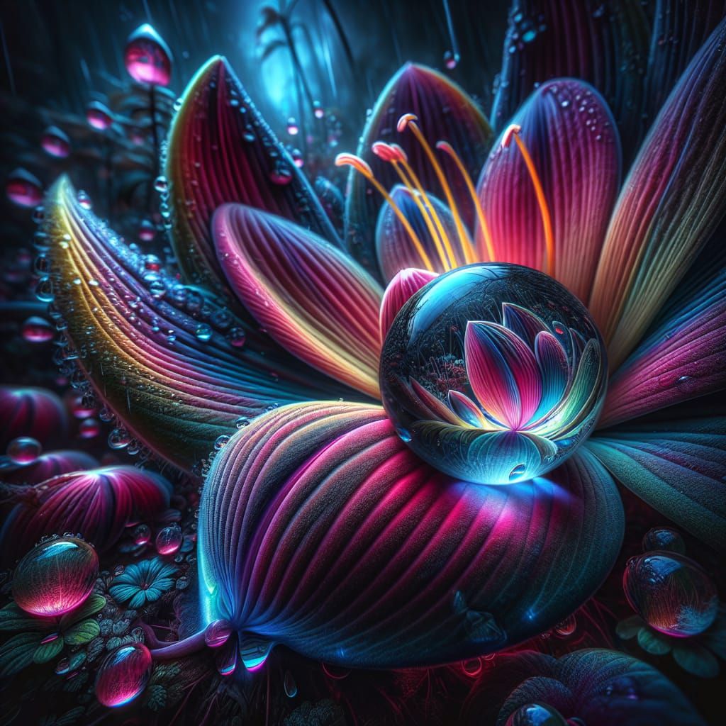 Luminescent Dewdrop on Alien Flower: Hyperrealistic HDR Phot...