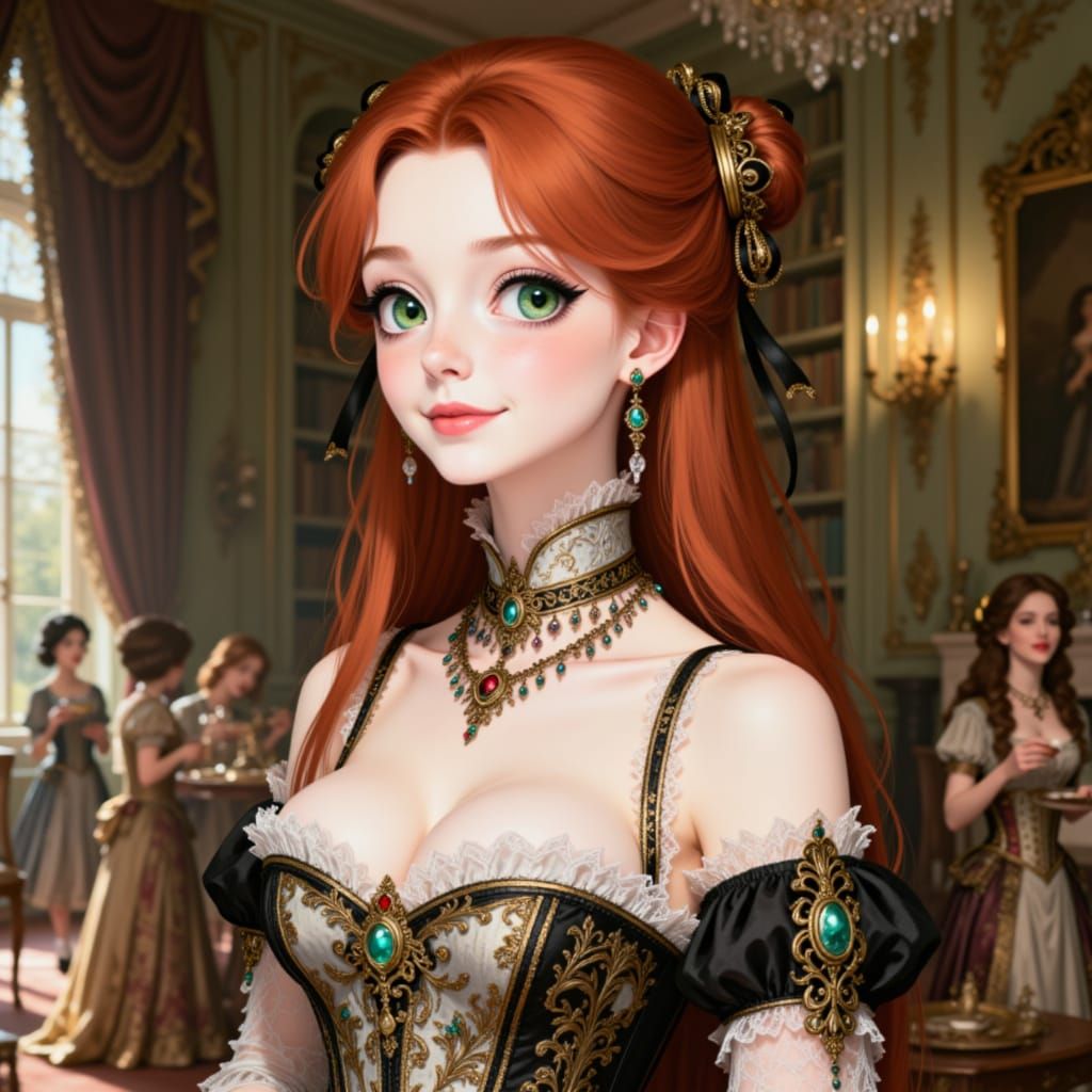 Victorian Portrait of Redhead Woman in Luxurious Ballroom