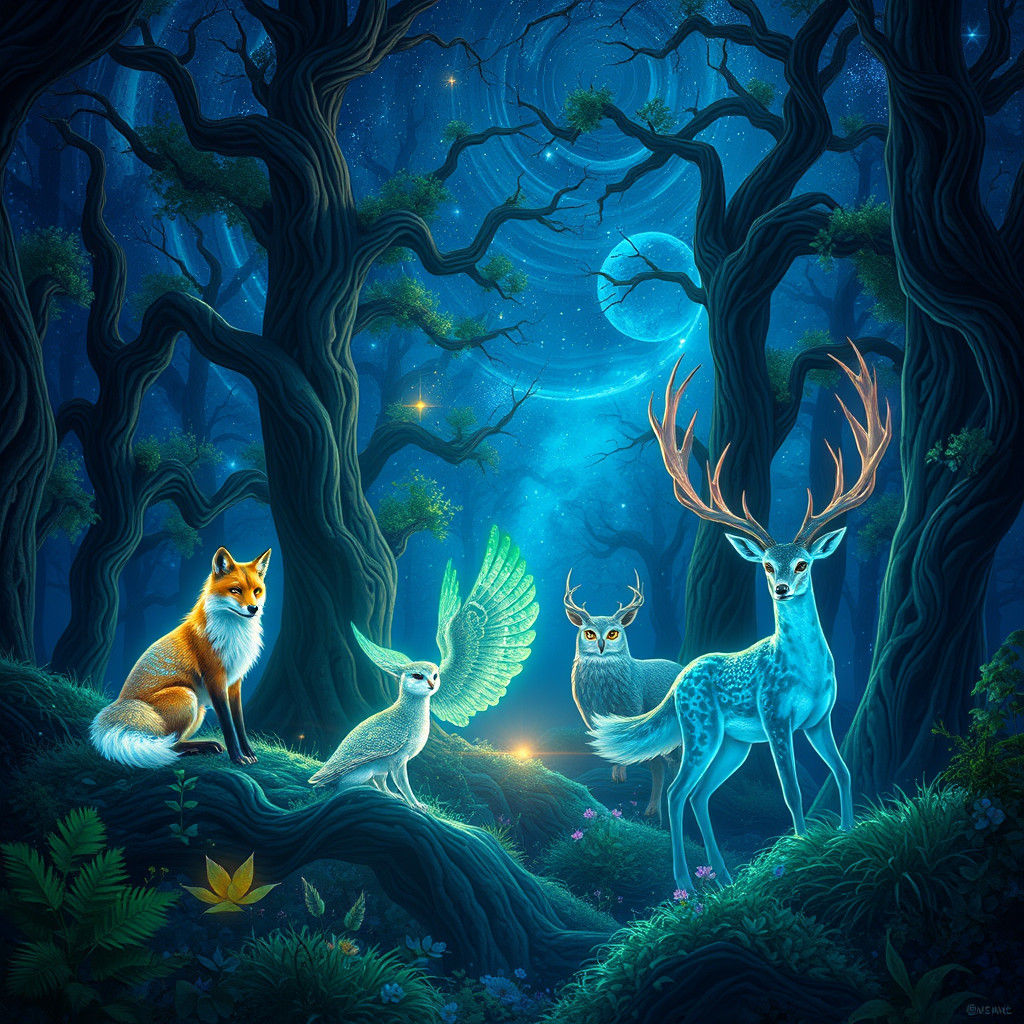 Luminescent Animals in Enchanted Forest Nightscape