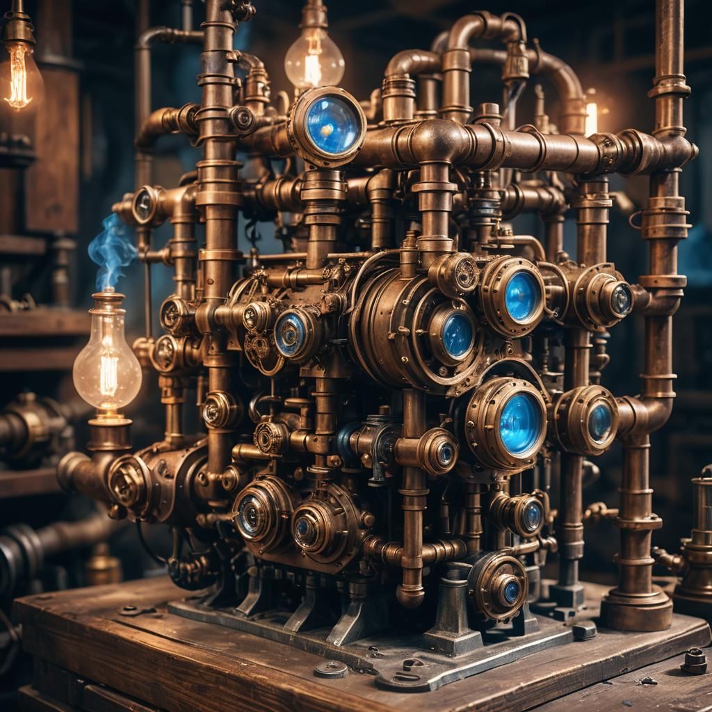Steampunk Engine with Glowing Orbs in Abandoned Lab