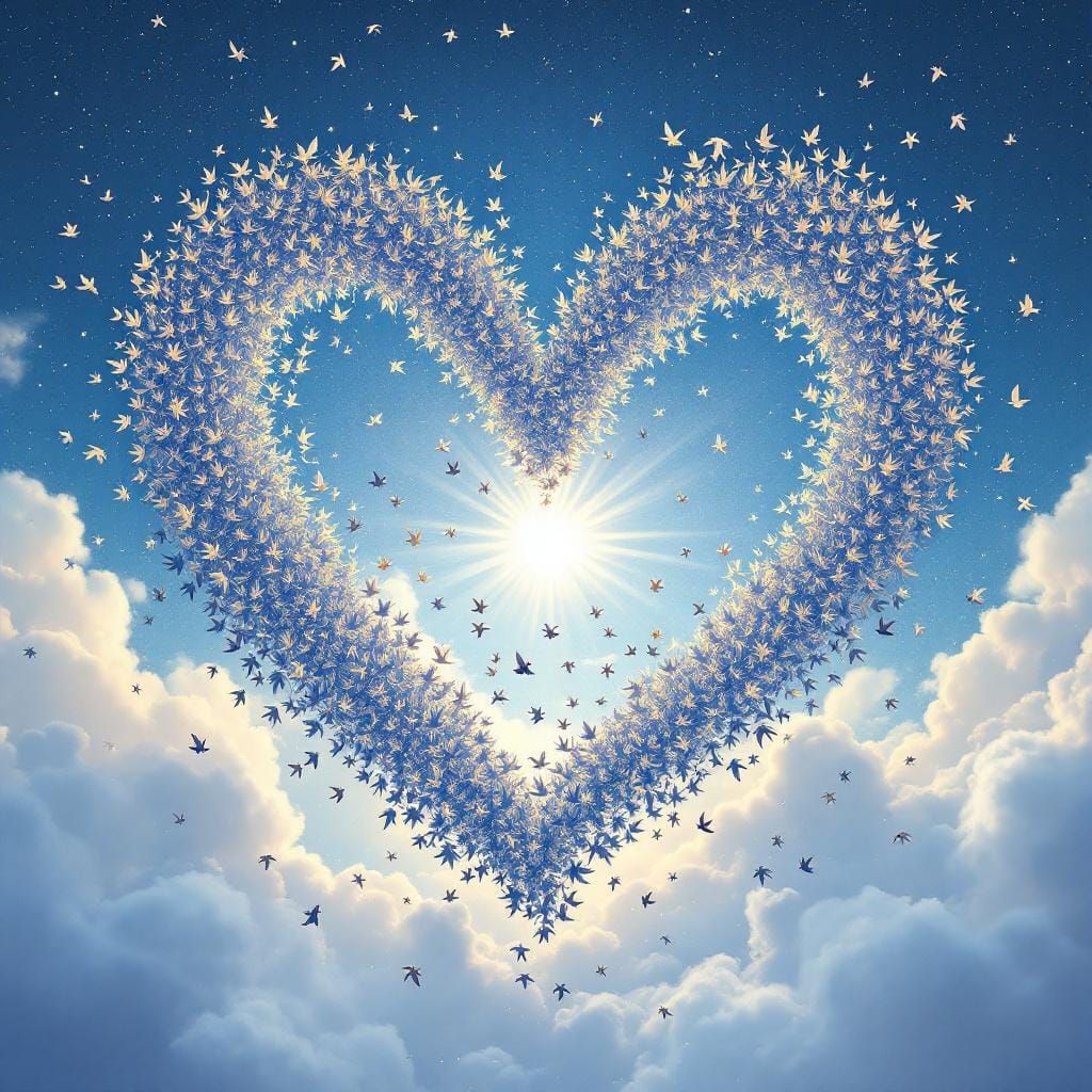 Birds Form Heart Shape in Whimsical Surrealist Style