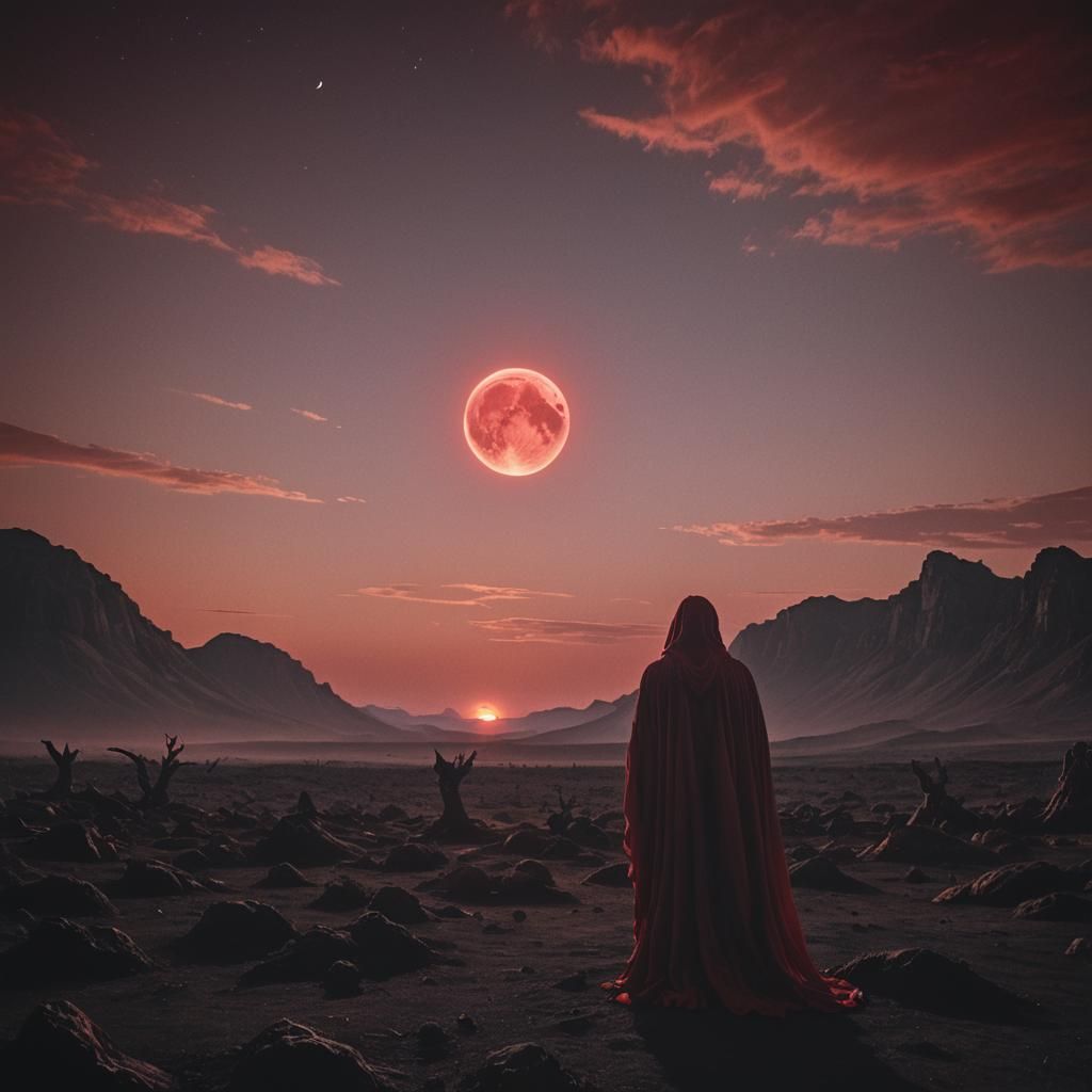 Dramatic Red Demon Ghost on Moon Surface