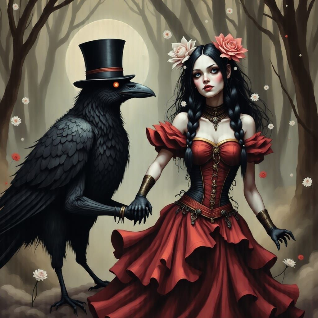 Moth Woman and Crow in Abstract Surrealism