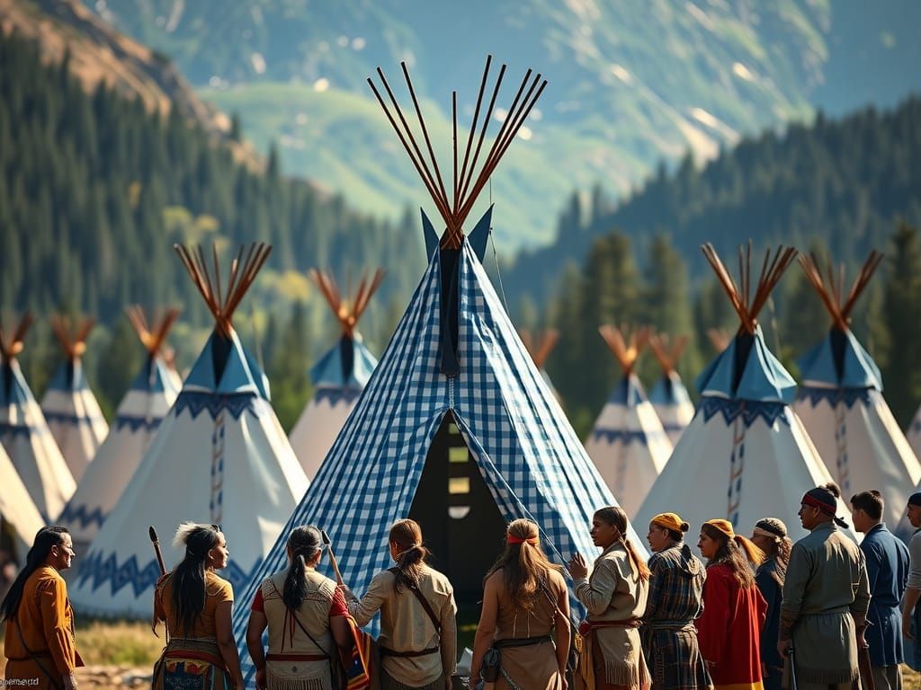 Vibrant Teepees Amidst a Hyper-Realistic Mountain Landscape