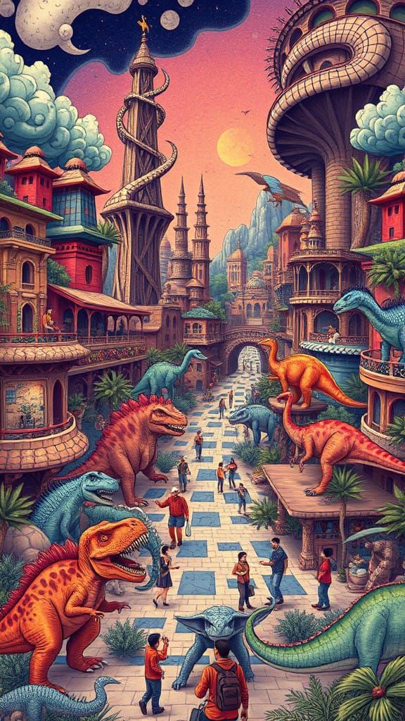 Vibrant Prehistoric Metropolis with Diverse Dinosaurs