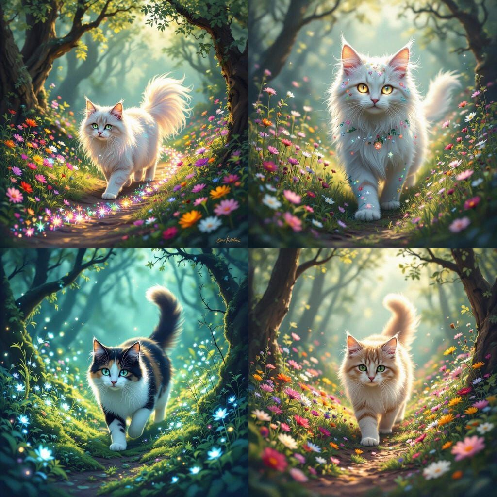 Magical Cat Leaves Flower Trail in Enchanted Forest
