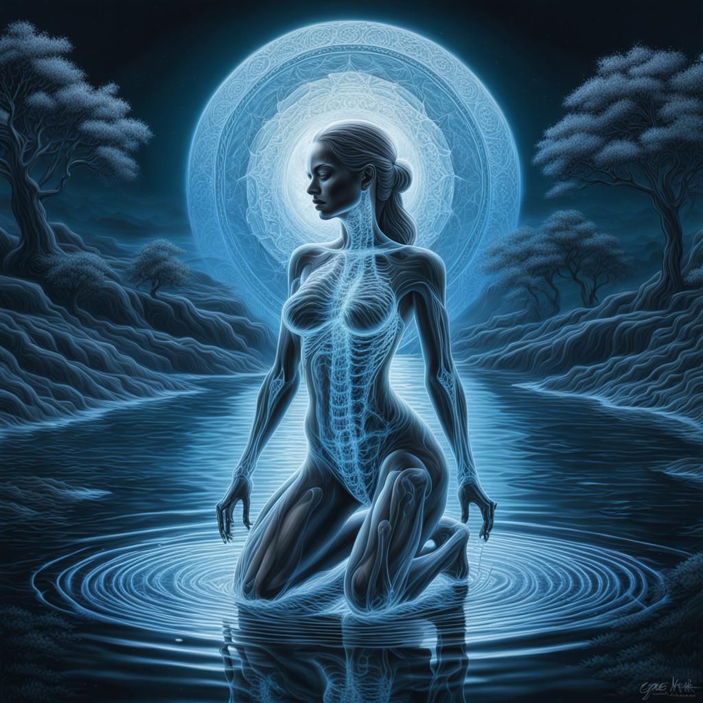 Beautiful woman kneeling in water Xray art style