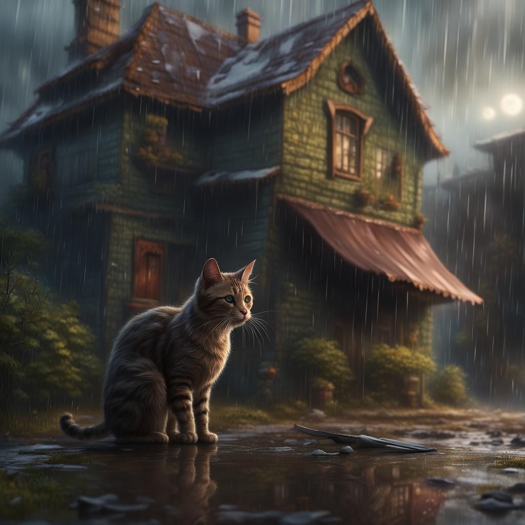 Sad Stray Cat Seeks Shelter in the Rain