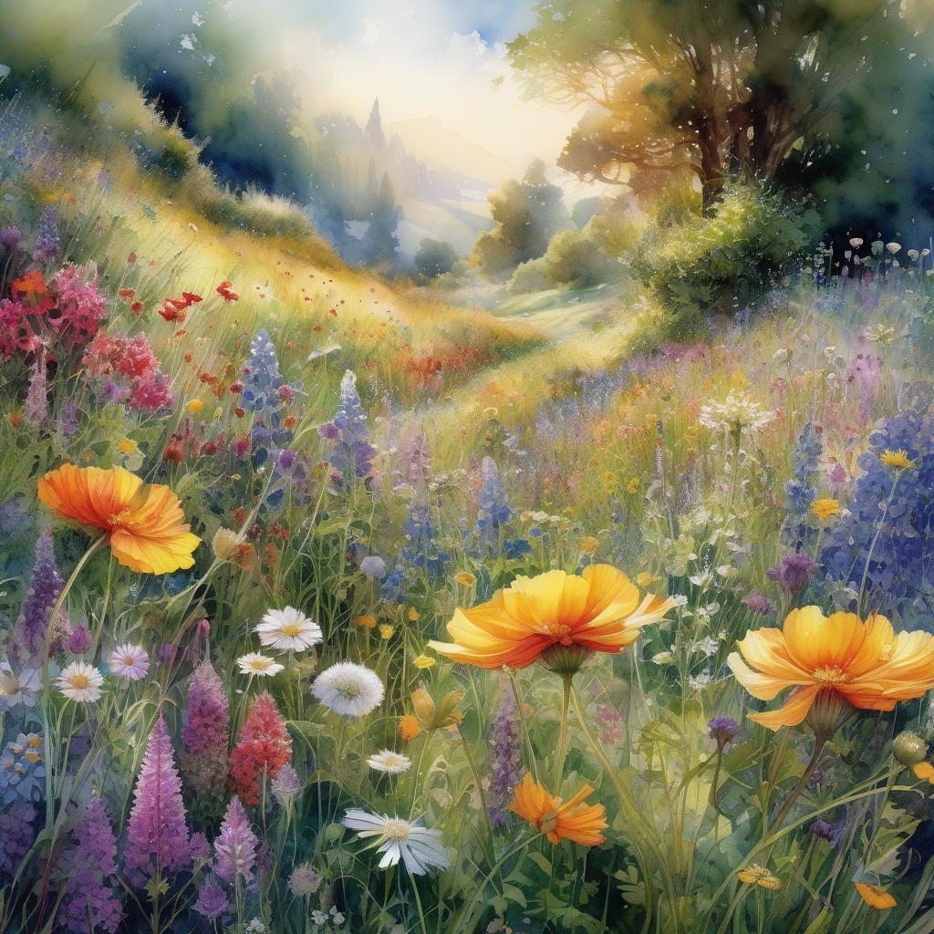 Dramatic Wildflower Meadow Watercolor Painting