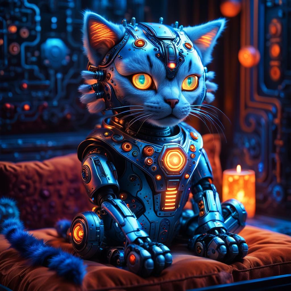 Cyberpunk Fantasy Robot Cat Doll in Dimly Lit Chamber